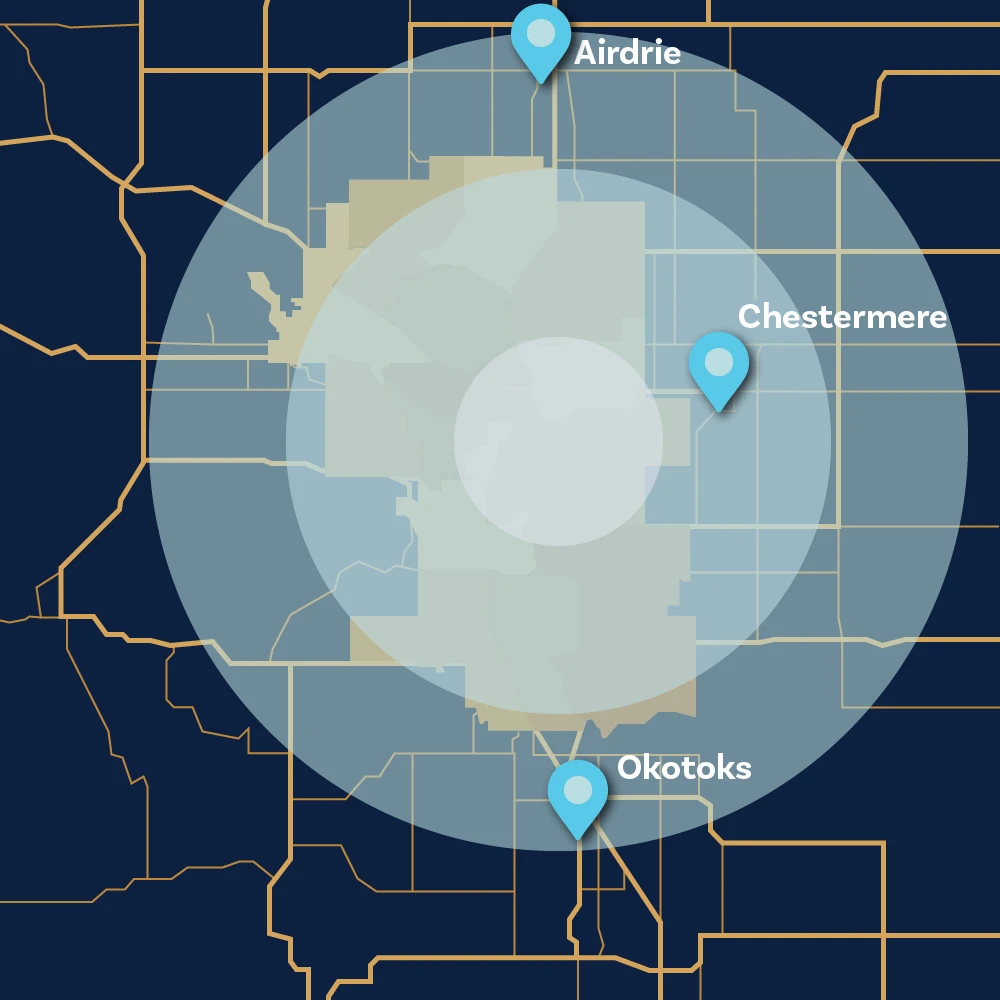 map of Boulevard Auto Glass's mobile windshield replacement service area, covering all of Calgary along with Chestermere, Airdrie, and Okotoks